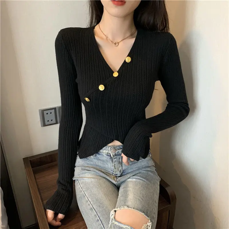 

Woman V Neck Vintage Knit Sweater Pullovers Female Casual Loose Long Sleeves Jumpers Autumn Ladies Streetwear Kintting Tops G45