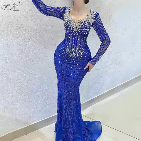 Evening Dress Rhinestones V Neck Long Sleeve Sequins Beads For Cocktail Party Luxurious Evening Dresse High Quality Customizable