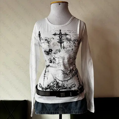 Y2k style aesthetic sweet and sexy long sleeved top for women's casual gothic punk printed T-shirt Harajuku Grunge clothes Emo