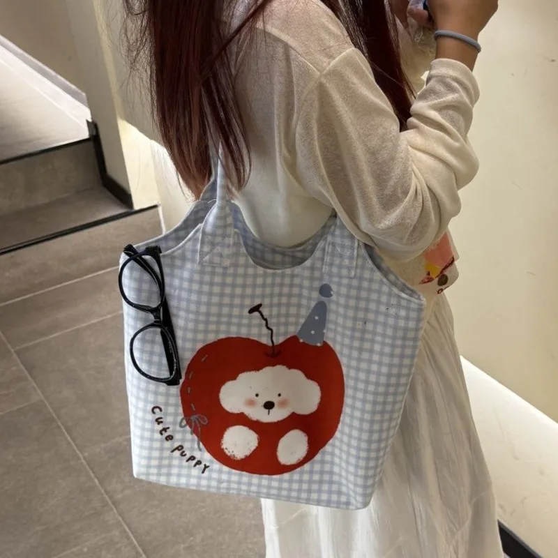 Apple Plaid Dog Tote Bag Y2K Cartoon Printed Velvet Illustration Shoulder Bag Commuting Student Bag High Capacity Zipper Itabag
