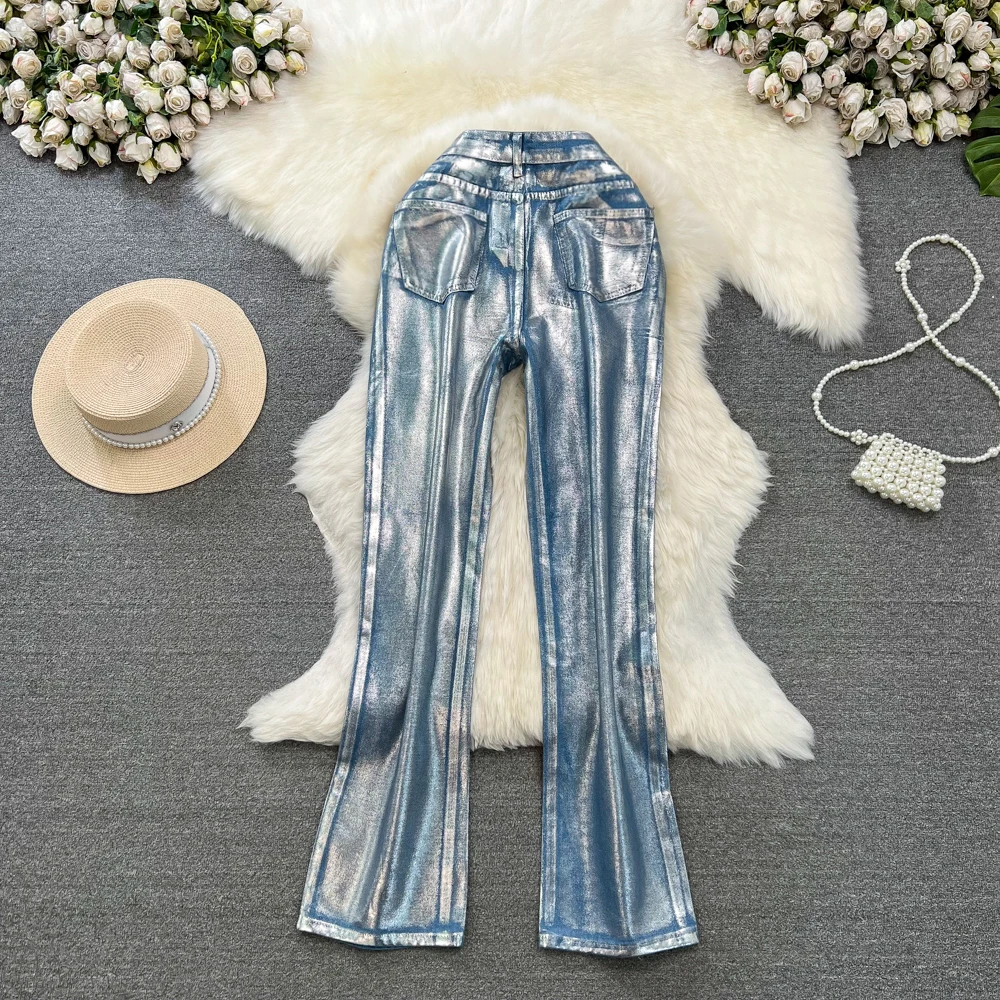 Streetwear Vintage Metal Wide Leg Pants Women High Waist Straight Trousers Fashion Y2K Girl Pants Shiny Female Trousers