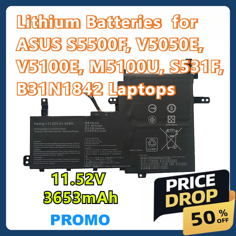 

Lithium Batteries for ASUS S5500F, V5050E, V5100E, M5100U, S531F, B31N1842 Laptops