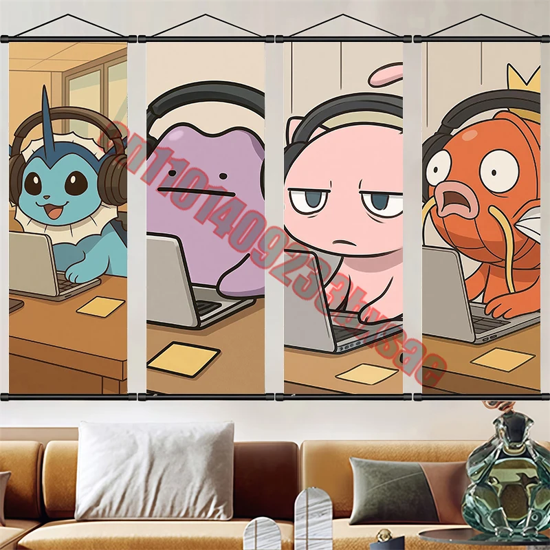 

Japanese Classic Anime Pokemon Charmander, Eevee, Mew, Psyduck HD Art Scroll Painting Suitable for Bedroom Decor Children's Gift