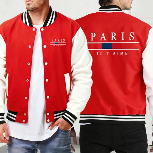 Imagen 2 del producto Chaquetas nuevas con estampado de París Je T'Aime, ropa deportiva Unisex con bolsillo a la moda, uniforme de béisbol clásico de otoño, ropa holgada de calle para hombre