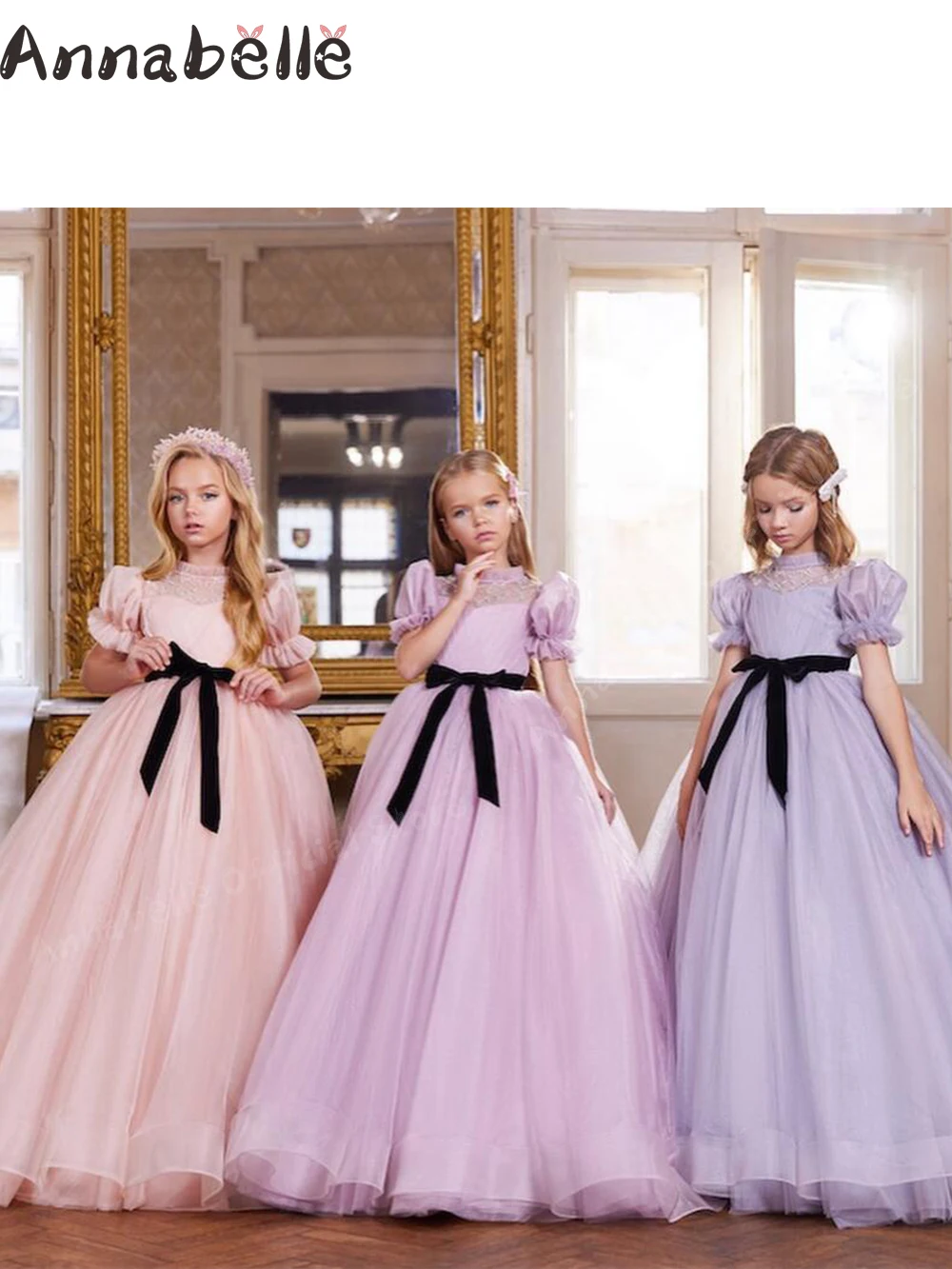 Annabelle-Vestidos largos elegantes para niña, vestidos con cinturón de mariposa para bodas con flores, vestidos elegantes para niña