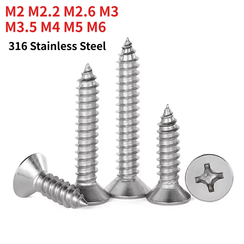 M2 M2.2 M2.6 M3 M3.5 M4 M5 M6 DIN7982 316 Stainless Steel Phillips Countersunk Head Self Tapping Screw Cross Flat Head A4
