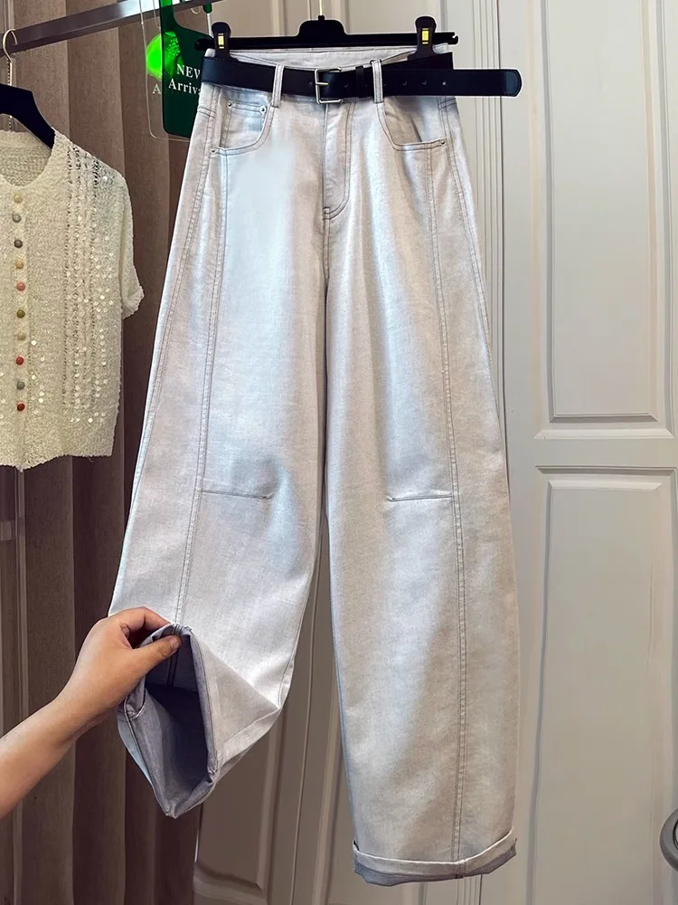 

Loose Fit Grey White Straight Leg Jeans Women's New Style Spring Summer Banana Denim Pants High Waist Wide Leg Long Trousers