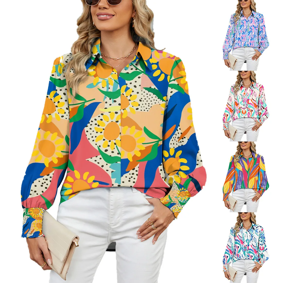 

Женская повседневная пляжная рубашка в стиле бохо с длинными рукавами и пуговицами, элегантная женская блузка, модная женская винтажная рубашка с цветочным принтом