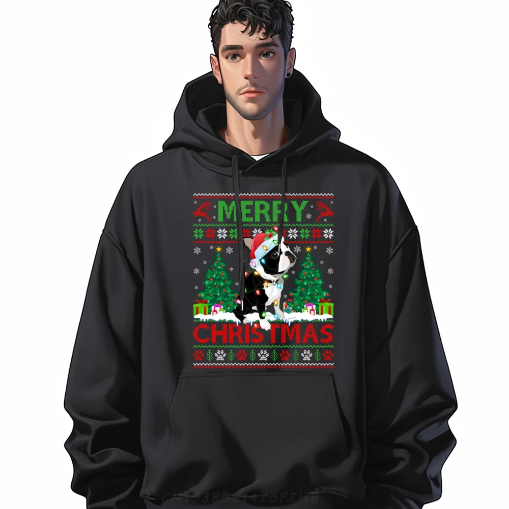 

Merry Christmas Lighting Ugly Boston Terrier Christmas 3xl Men Clothing Streetwear Print Man Sweatshirts