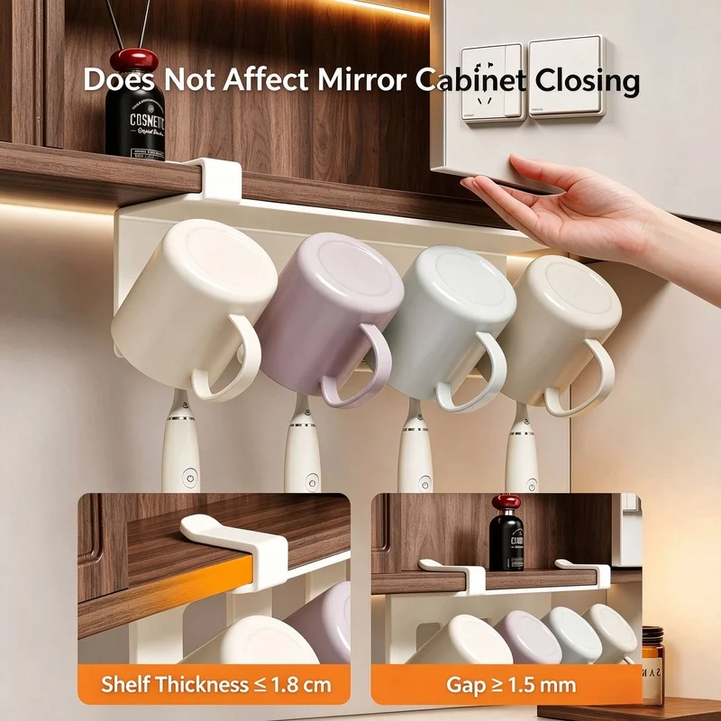 No Drill Toothbrush Sanitizer Holder, Under Mirror Cabinet, Toothpaste Dispenser & Inverted Cup Storage Rack