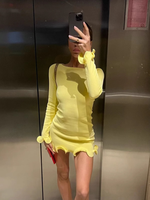 Women Chic Ruffles Hem Solid Mini Dress Elegant Full Sleeve High Waist Slim Fit Dresses Summer Vacation Street Vestidos 2025 New