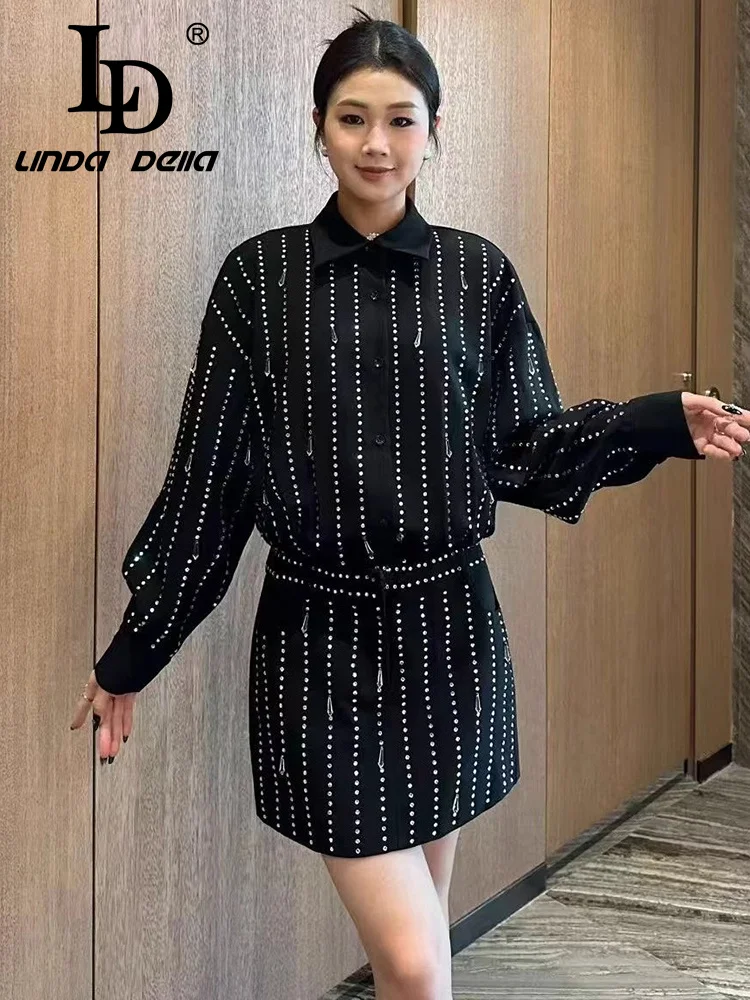 LD LINDA DELL Little black dress shirt with lapel, long sleeved, rhinestone studded, commuting casual fashion dress