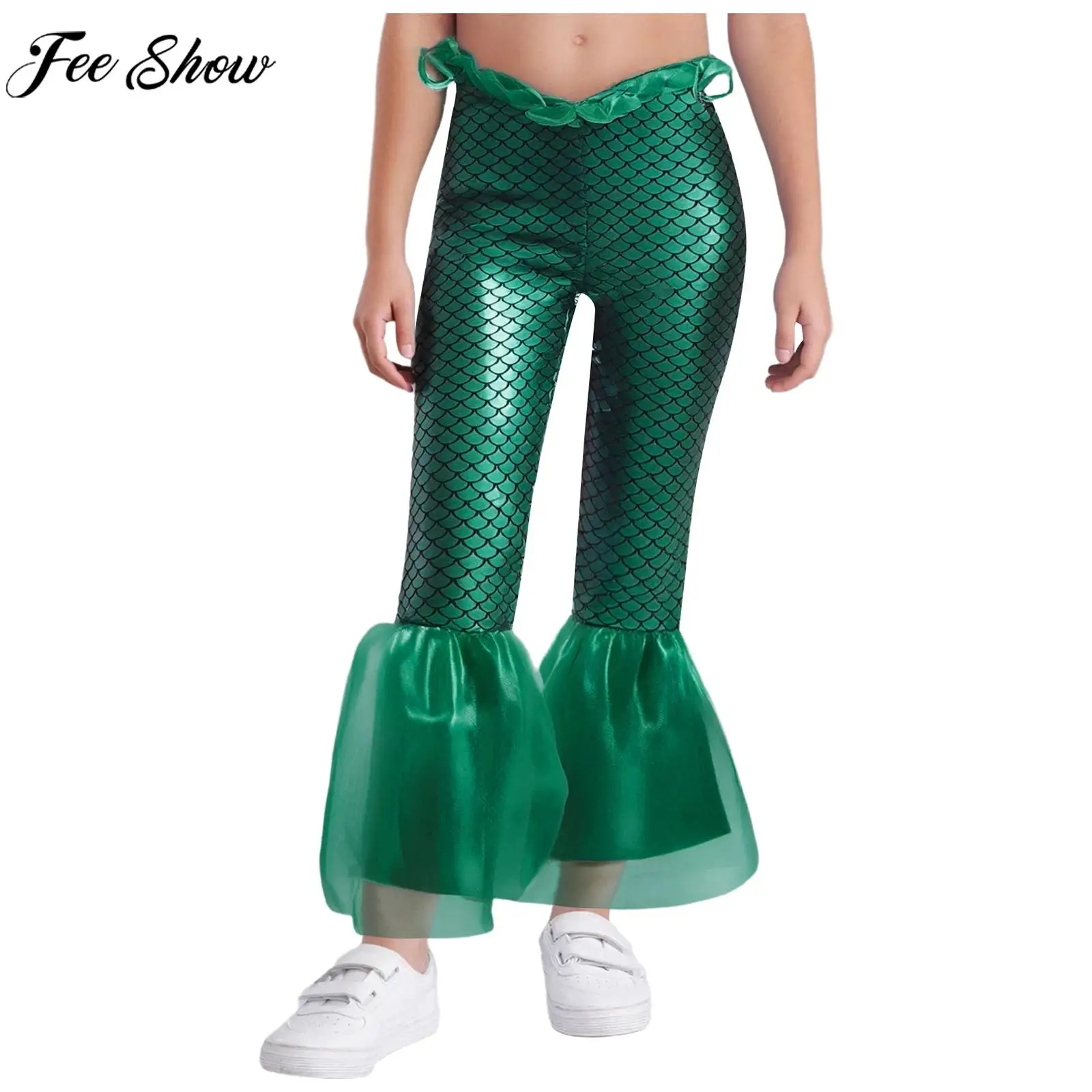 

Girls Mermaid Princess Sea Queen Costume Shiny Fish Scales Print Ruffle Mesh Flared Pants for Halloween Carnival Cosplay Party
