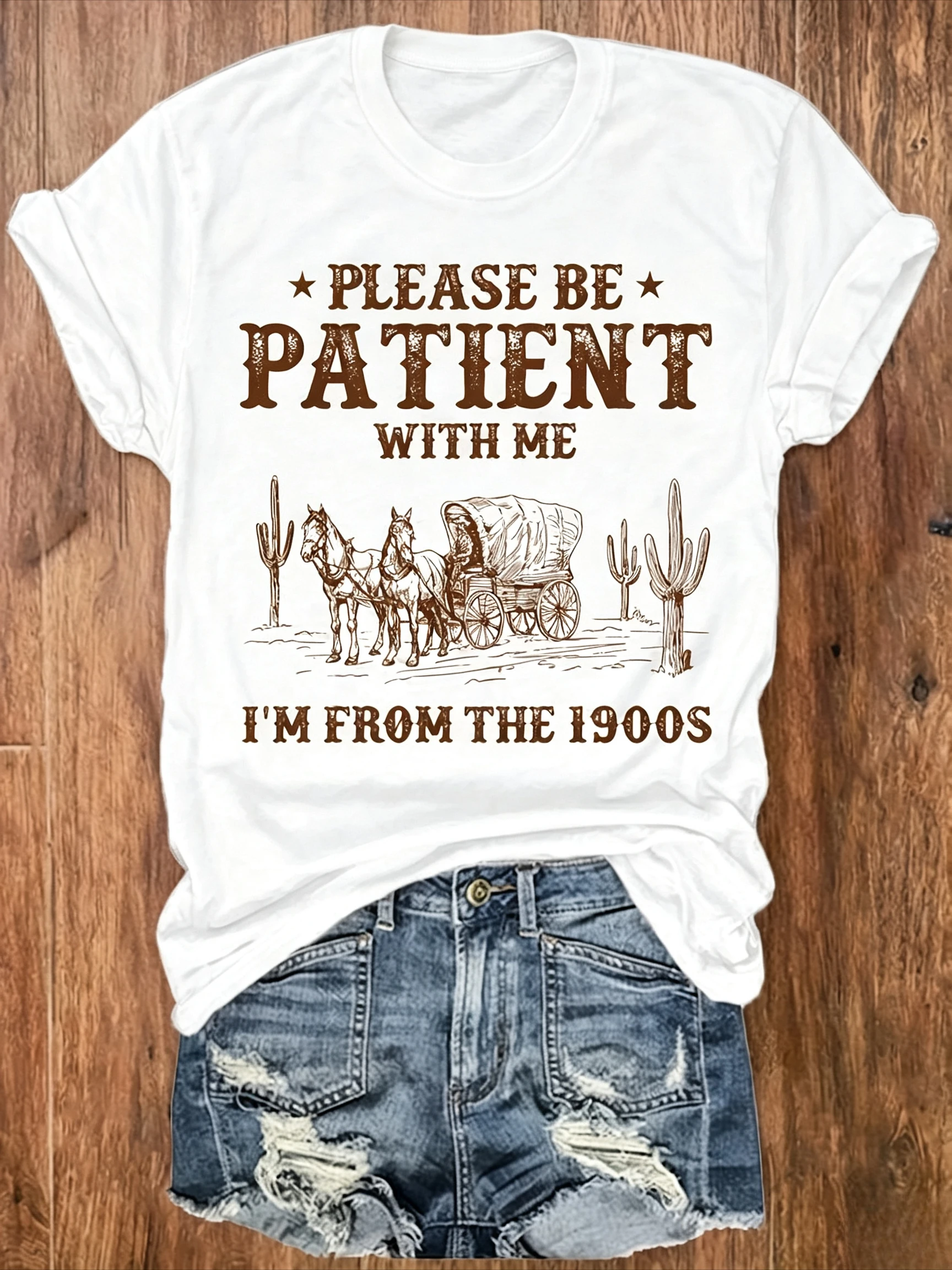 Womens Funny Retro Western Graphic Tee 1900s Cowboy Carriage Cactus Print Short Sleeve Casual Top Streetwear Daily Outfit