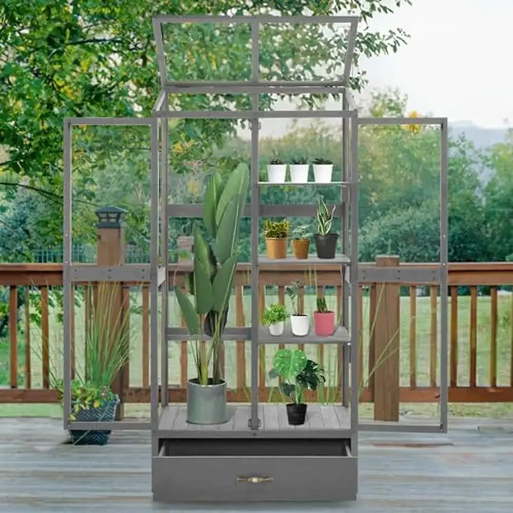 Wooden Outdoor Indoor Greenhouse 3 Tier with Polycarbonate Panels & Drawer Tall Gardening Cold Frame Openable Roof Multiple