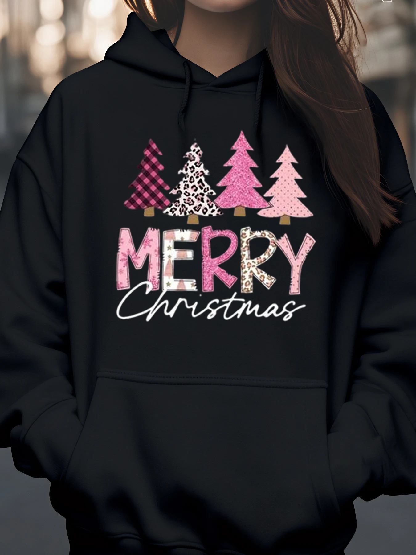 Felpa casual da donna con motivo albero di Natale, felpa con cappuccio di buon Natale