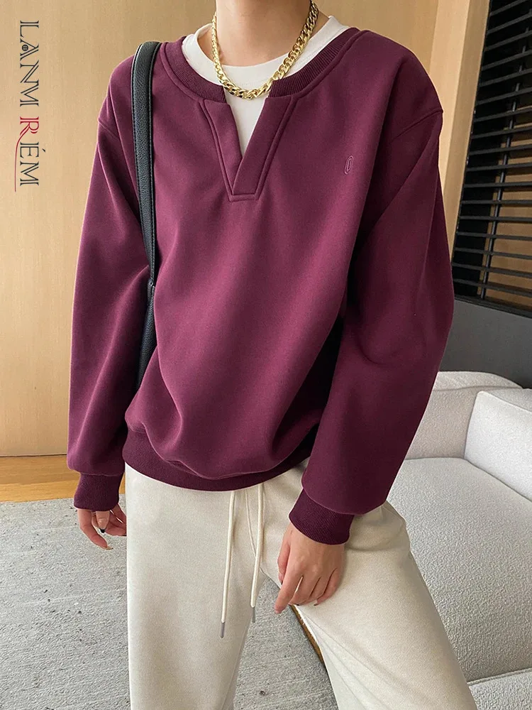 

[LANMREM] Fake Two Piece Contrast Color Thick Warm Sweatshirt Women's Round Neck Minimalism Tops 2024 Winter New 26C1432