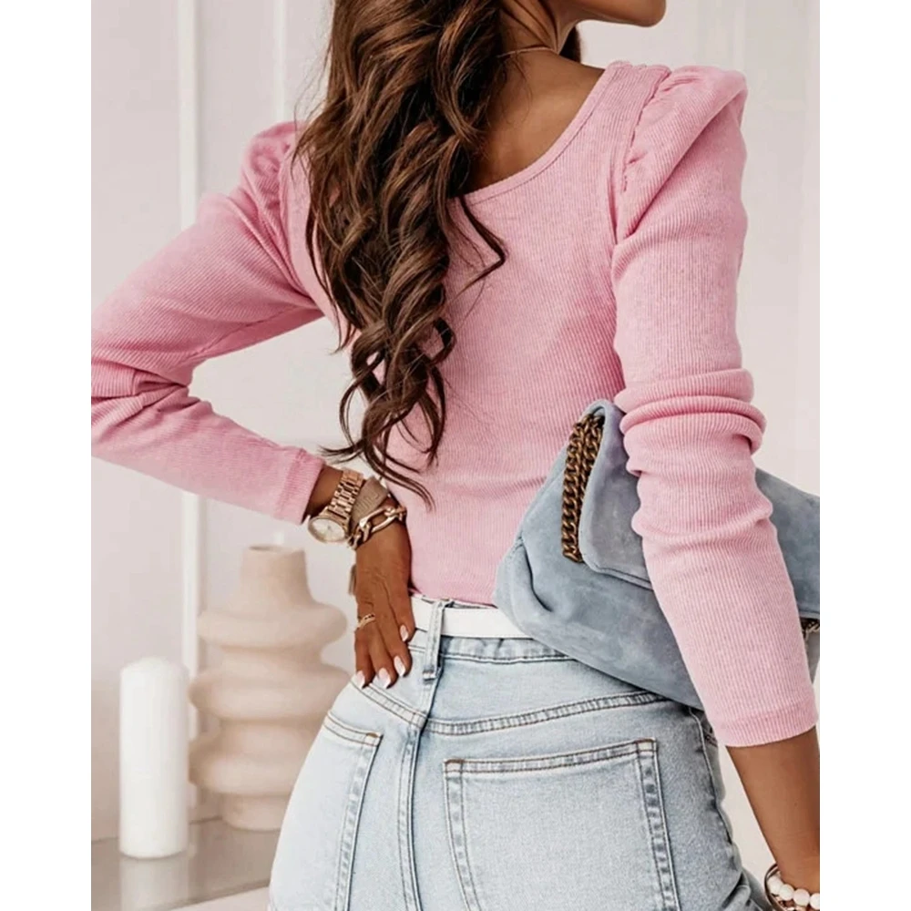 Autumn Winter Women Beaded Square Neck Puff Sleeve Knit Sweater Femme Fashion Long Sleeve Sexy Slim Ribbed Knit Jumper Top