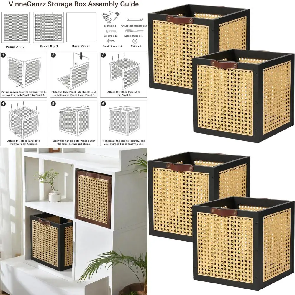 

Rattan Storage Cubes Wooden Baskets Natural Bohemian Woven Wicker Organizer for Clothes, Books, and Magazines (Black)