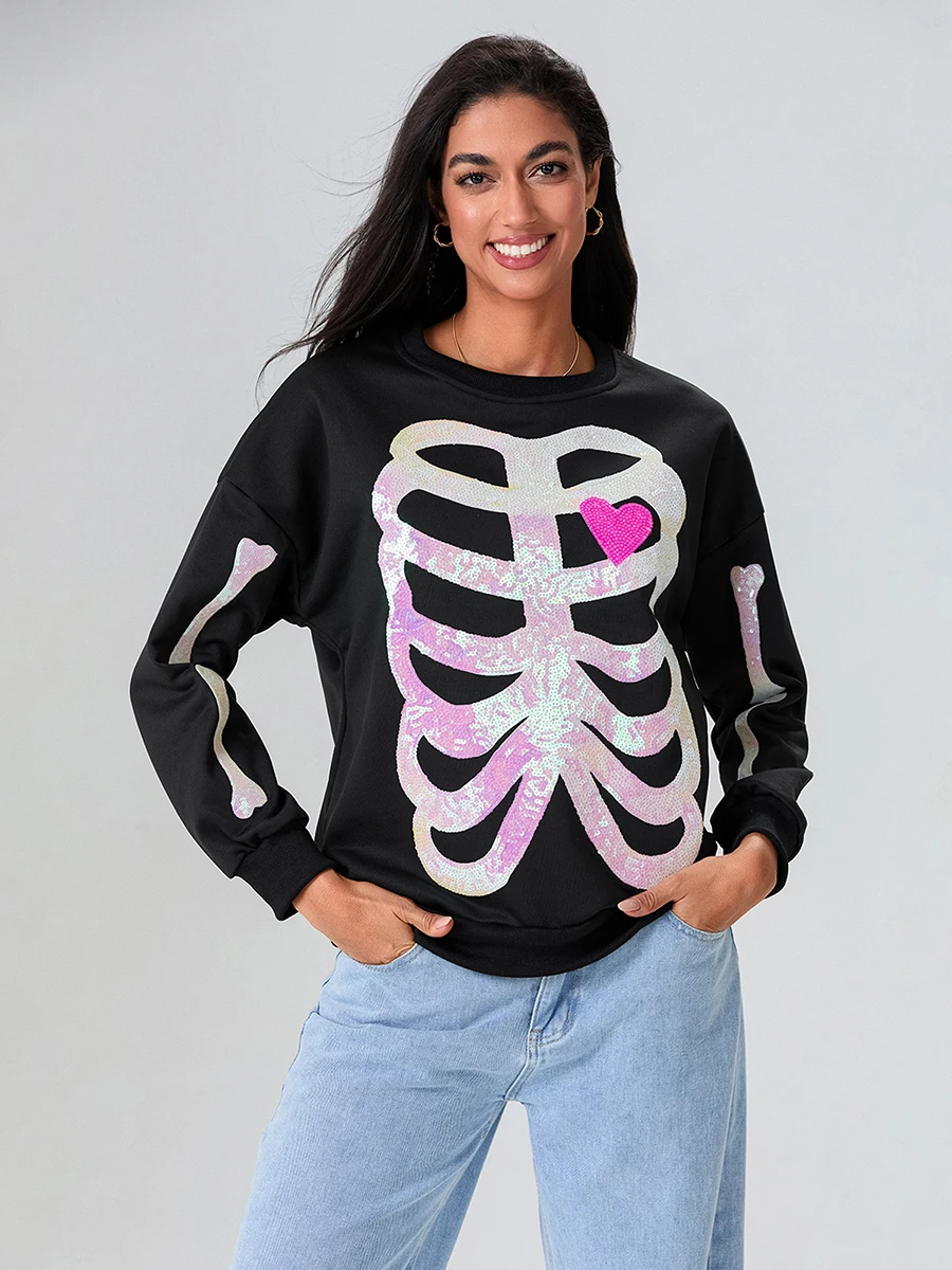 wsevypo Dark Black Gothic Halloween Sweatshirt Womens Sequin Skeleton Long Sleeve Crew Neck Pullover Casual Tops Streetwear