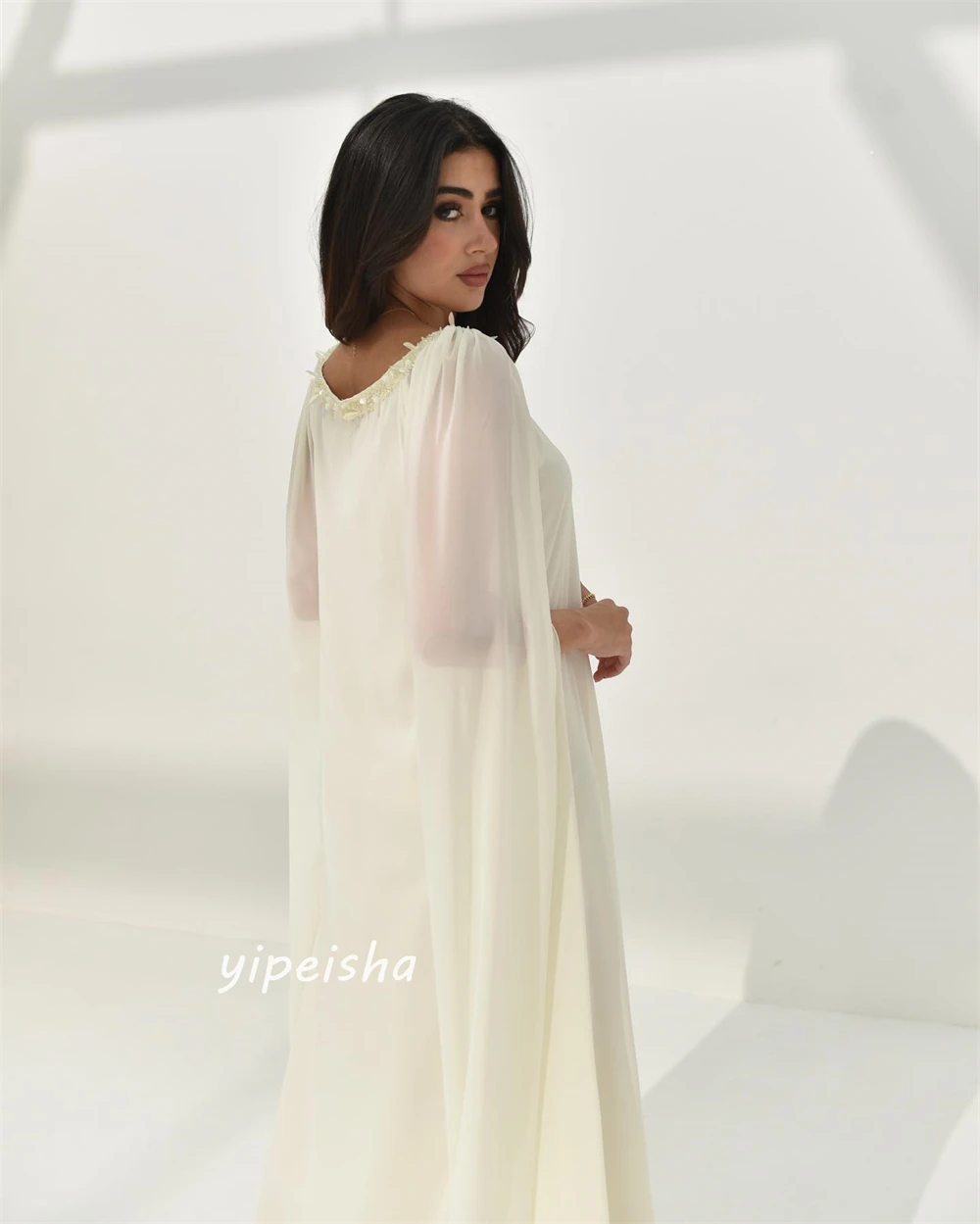 Jiayigong Sparkle Prachtige Eenvoudige Moderne Stijl Formele Avond Vierkante Kraag A-lijn Kralen Enkellange Chiffon Jurken