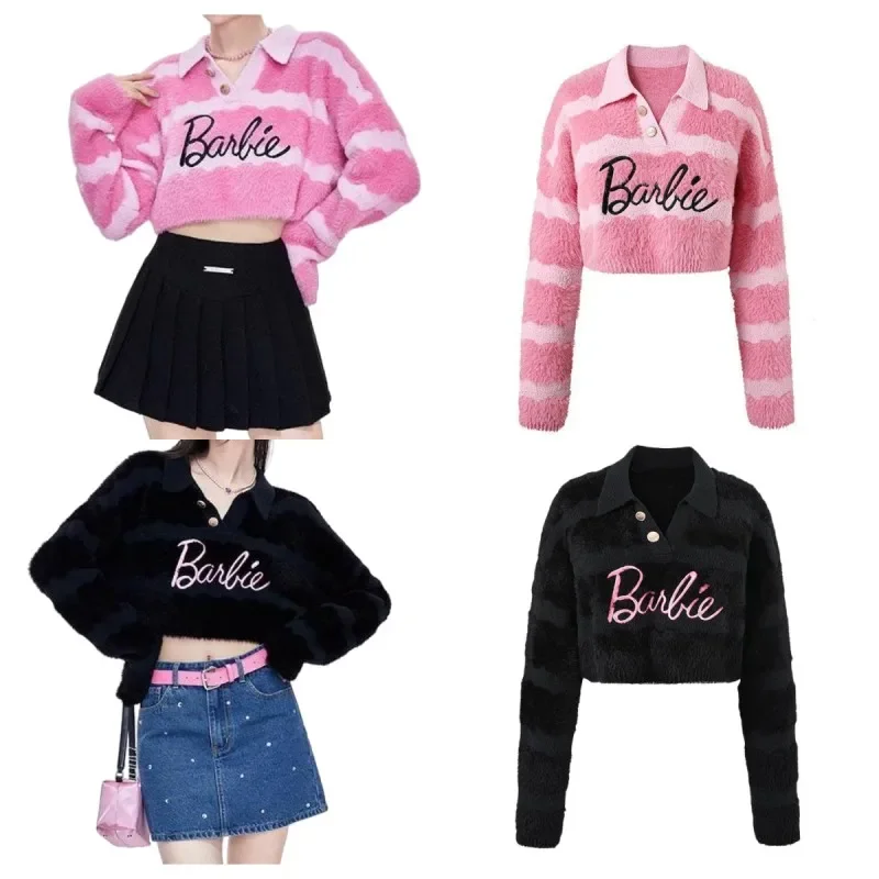 Anime Barbie POLO Sweater Cartoon Cute Women Fashion Printed Sweater Kawaii Hot Girl Short Long Sleeve Top Striped Wool Sweater