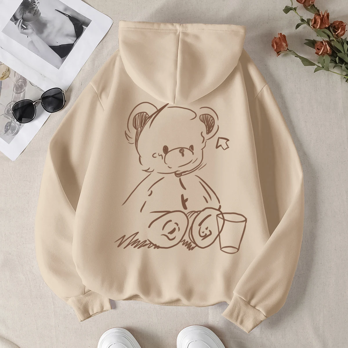 Cute Bear print hoodie for women High Street Vintage Hip Hop Young women Clothing Loose sweatshirt clothes Y2K hoodie
