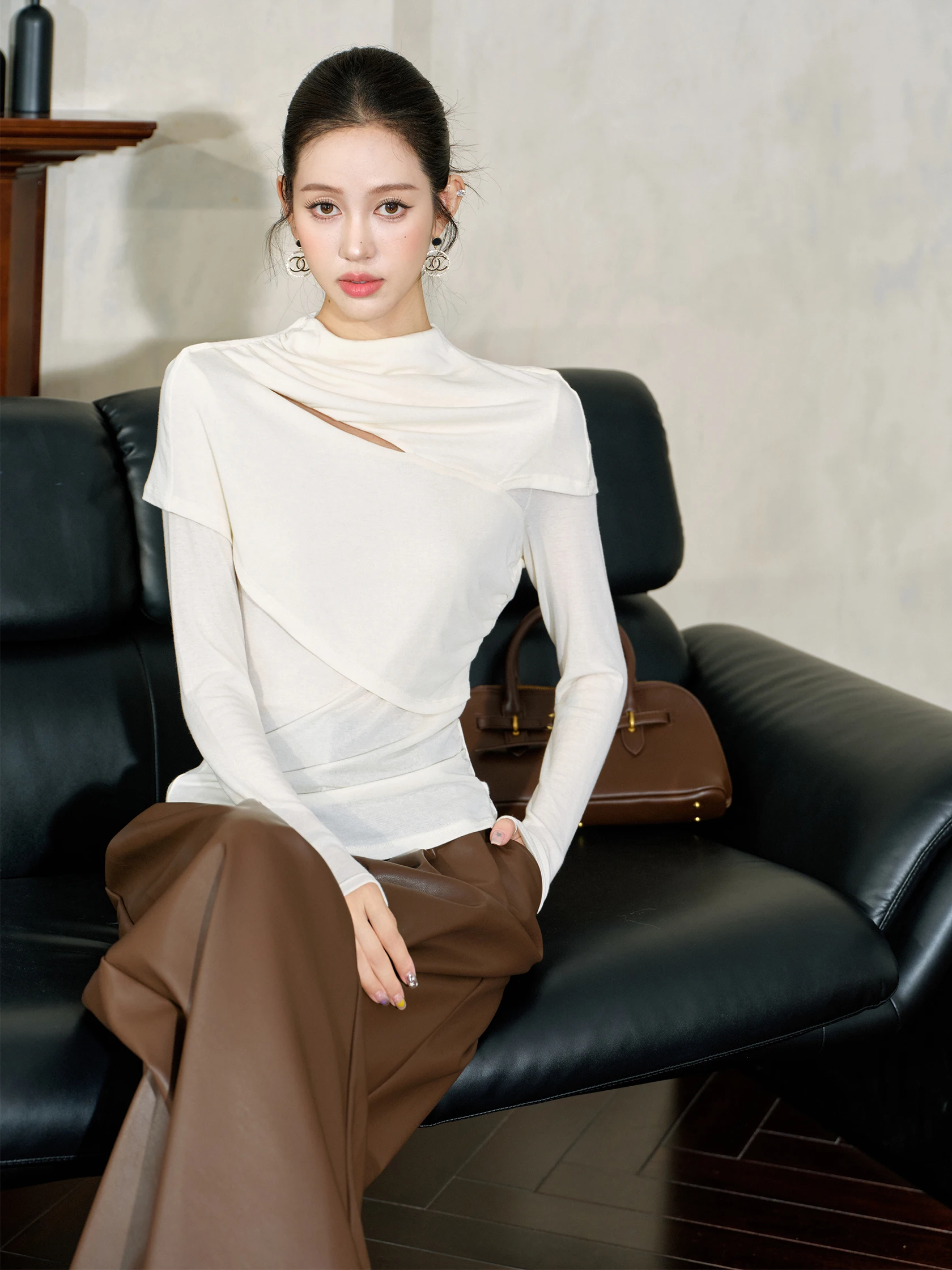 

White Vintage Design Slim Fit Commute Long Sve irt f High Collar Base Layer Top Women's Faion Autumn Wool Blend