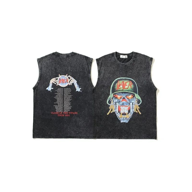 100% Cotton Fog Host Rock Band SLAYER American Trendy Brand Retro Hip Hop Vintage Washed Vest Men