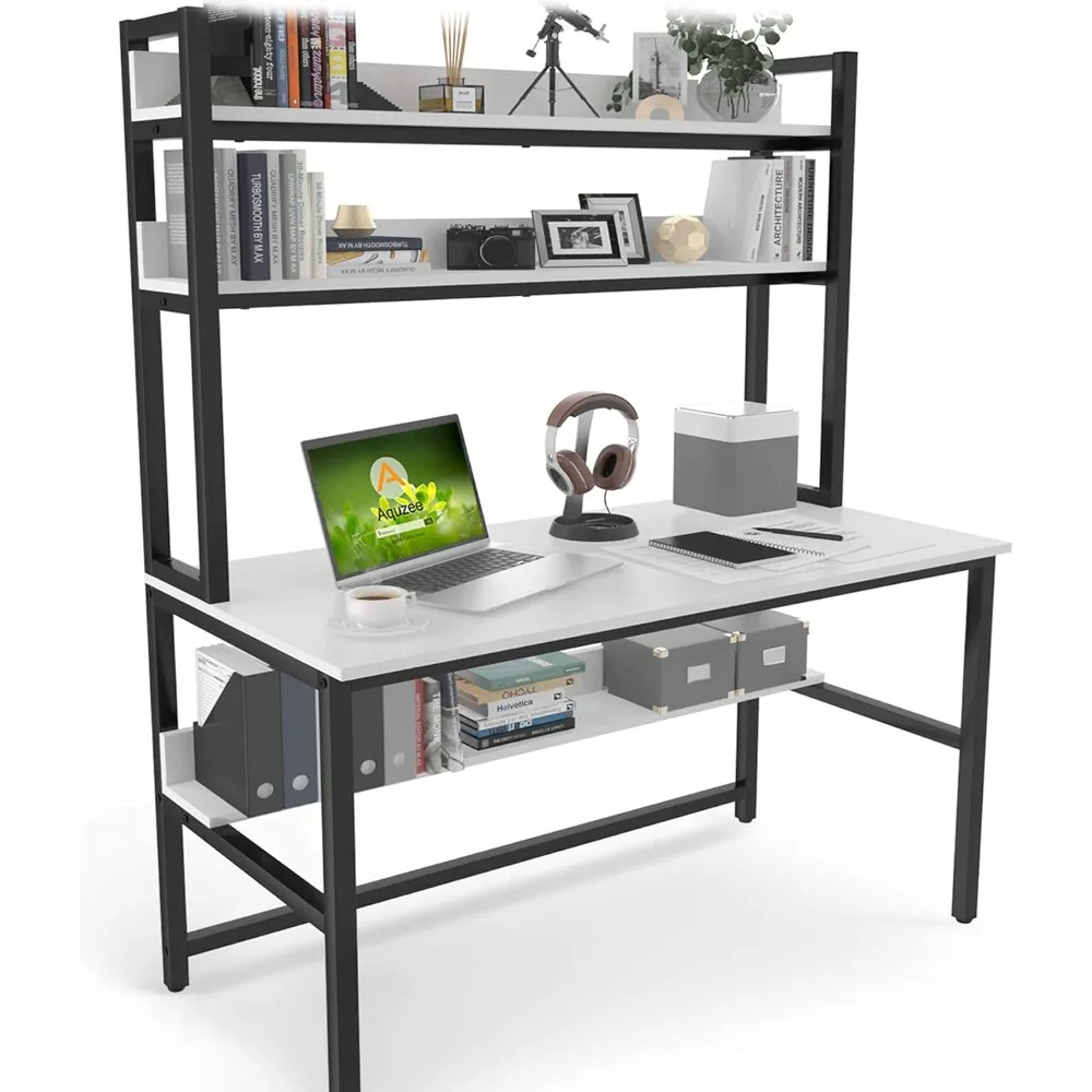 

Computer Desk with Hutch and Bookshelf, 47 inch Wide White Home Office Desk with 3 Tier Storage Shelves, for Study Writing Work