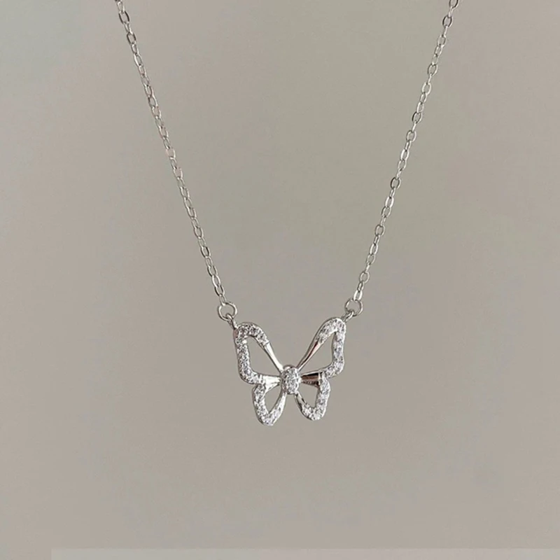 Real 925 Sterling Silver Zircon Hollow Butterfly Pendant Necklace For Charm Women Cute Fine Jewelry Light Luxury Accessories