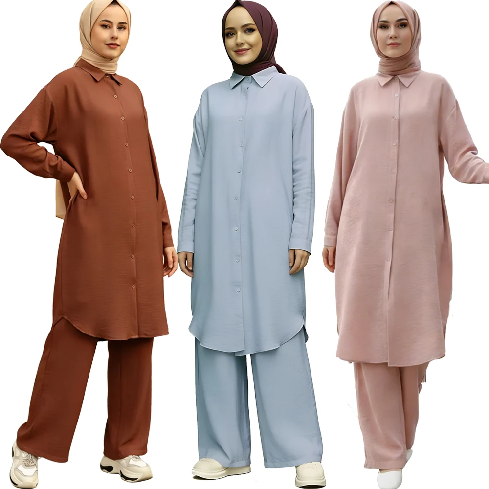 

2026 Ramadan Muslim Suit Solid Color Lapel Neck Long Sleeve Blouse Pant Islam Clothing Turkey Outifits Femme Musulmane Ensembles