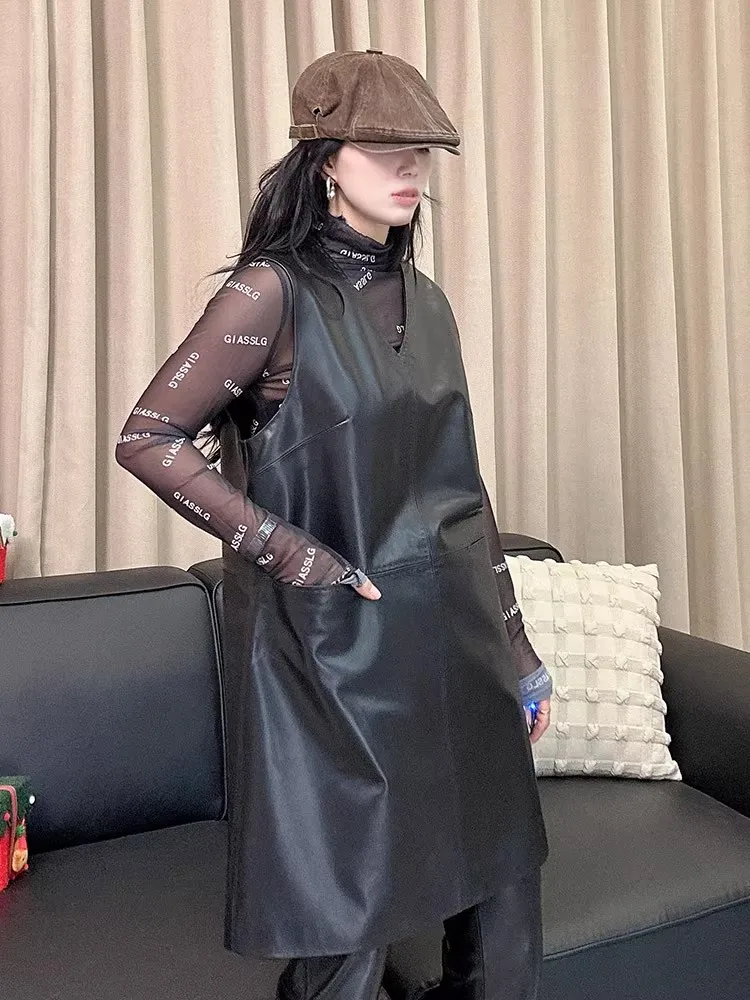 ربيع جديد إمرأة الخامس الرقبة فضفاضة تناسب جلد الغنم فستان جلد طبيعي موضة جلد ناعم بلا أكمام تانك فستان ملابس الشارع الشهير عادية #3