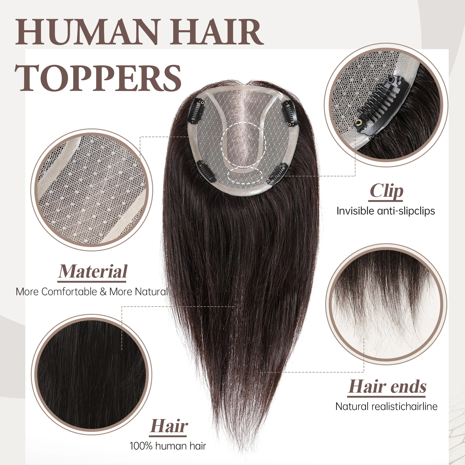 Toppers de cabello negro para mujeres, cabello humano Real, cubierta 3D de 360 °, Toppers esponjosos, piezas de cabello para mujeres con cabello adelgazante