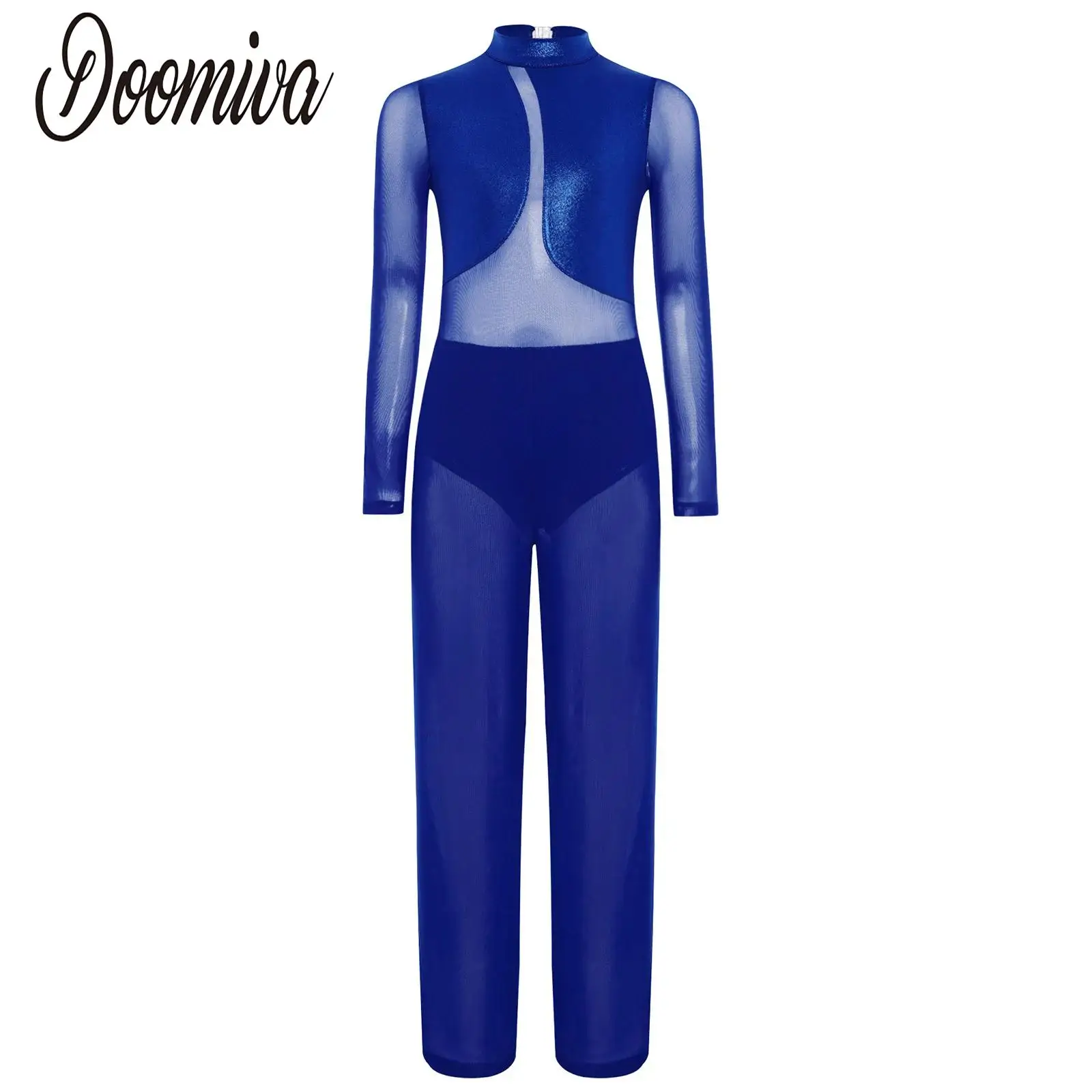 

Kids Girls Figure Skating Performance Costume Sheer Mesh Patchwork Jumpsuit Rhythmic Gymnastic Long Sleeve Full Body Leotards