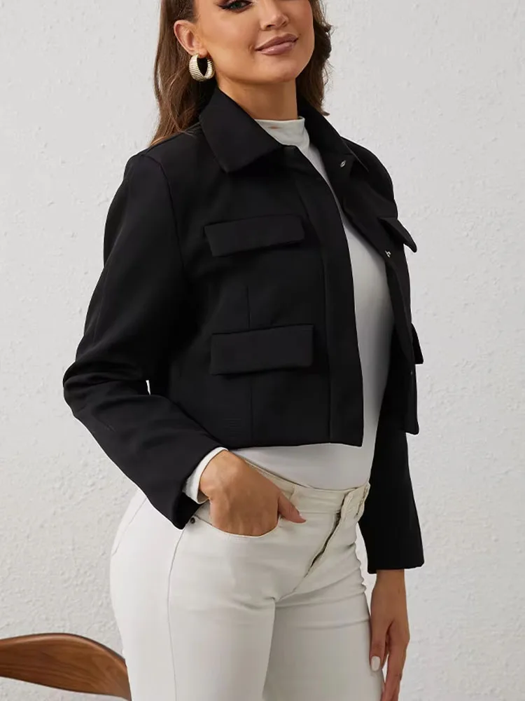 2024 Women\'s Red + Black Jacket Solid Turn Down Collar Long Sleeve Cropped Tops Female Fashion Versatile Chic Coat Trendy