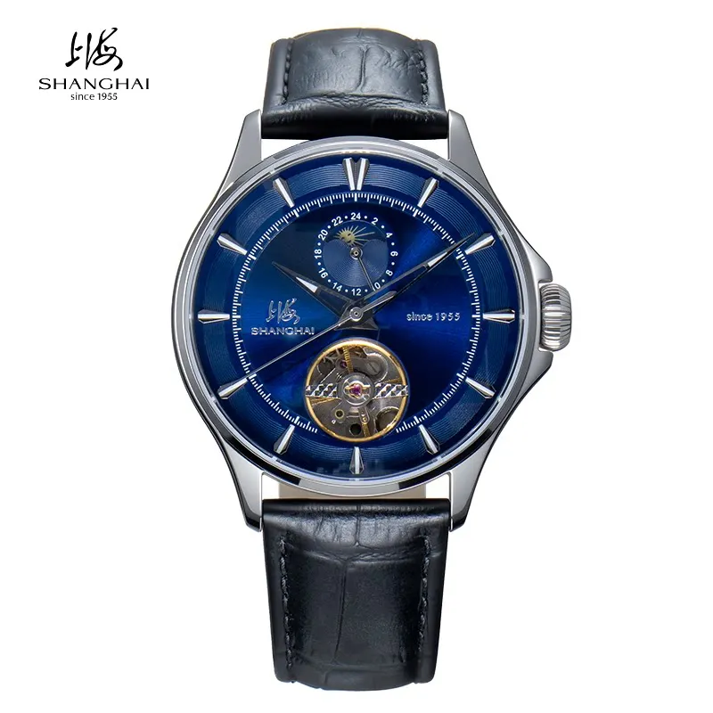 Shanghai Watch Time Men's Star and Moon Flywheel New Classic Fashion Luminous Automatic Mechanical Watch