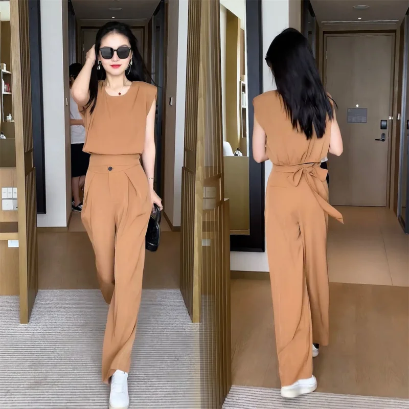 Fashion Drooping Wide-Leg Pants Suit Women\'s Summer New Western Temperament Slimming Fashionable Anti-Aging Casual Two-Piece Set