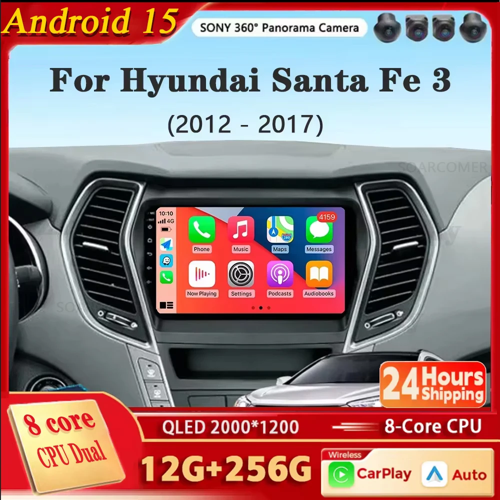 Android 15 Carplay Car Radio For Hyundai Santa Fe 3 Grand IX45 2012 - 2017 Navigation GPS Multimedia Player WiFi+4G Stereo video