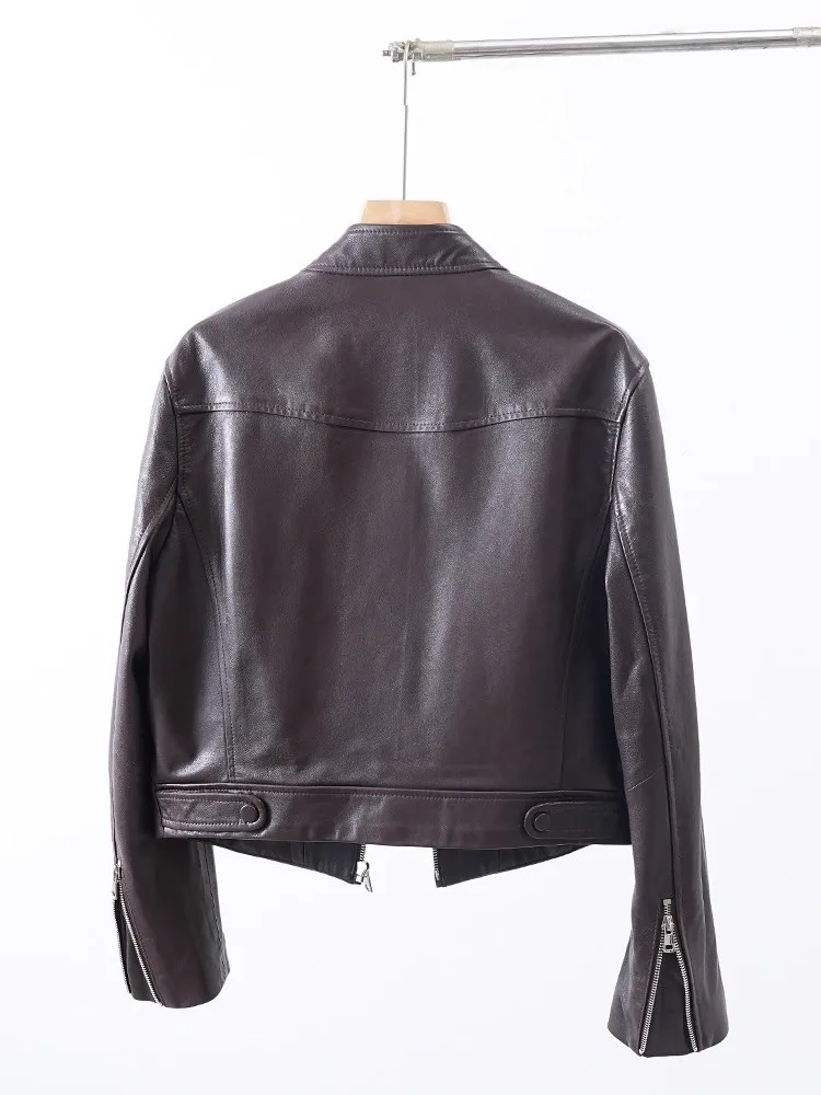 Fashion Women Autumn Genuine Leather Short Jacket Straight Real Sheepskin Zip Stand Collar Pocket Long Sleeve Outerwear Hot Sale