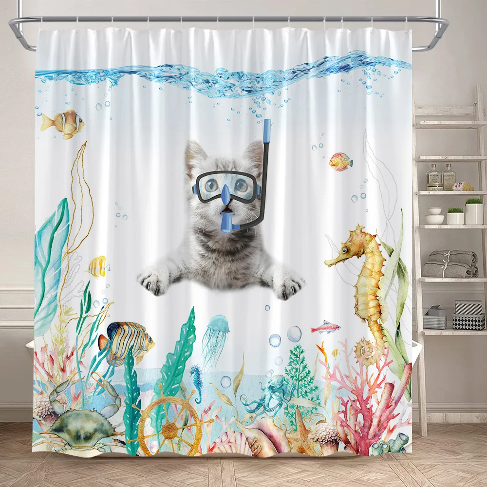 Funny Bathing Dinosaur Shower Curtains Black Cat Animal Silhouette Kids Bath Curtain Modern Polyester Bathroom Decor with Hooks