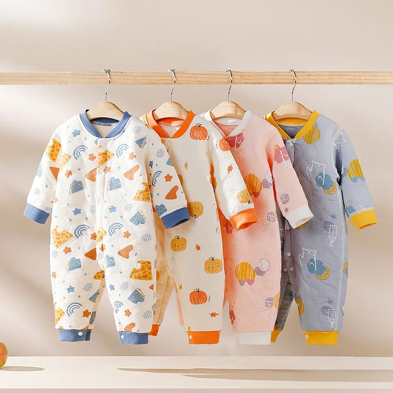 

0-12m Autumn Winter Newborn Baby Cartoon Printed Bodysuit Infant Toddler One Pieces Jumpsuit Thicken Warm Romper Onesies Clothes