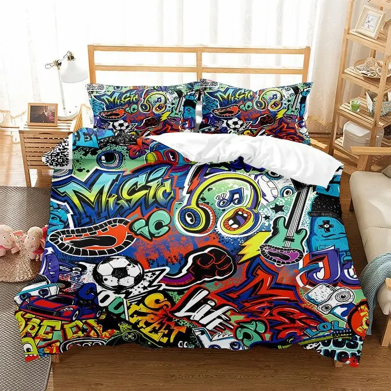 Hippie Graffiti Duvet Cover Set King Queen Size for Kids Boys Youth Polyester Comforter Cover Modern Street Art Bedspread Cover