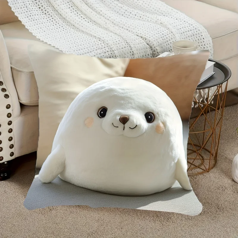 VIKAMA Cute Fluffy Seal Plush Pillow Covers 18x18, White Spotted Animal Cushion Case Soft Decor for Living Room Bedroom Sofa