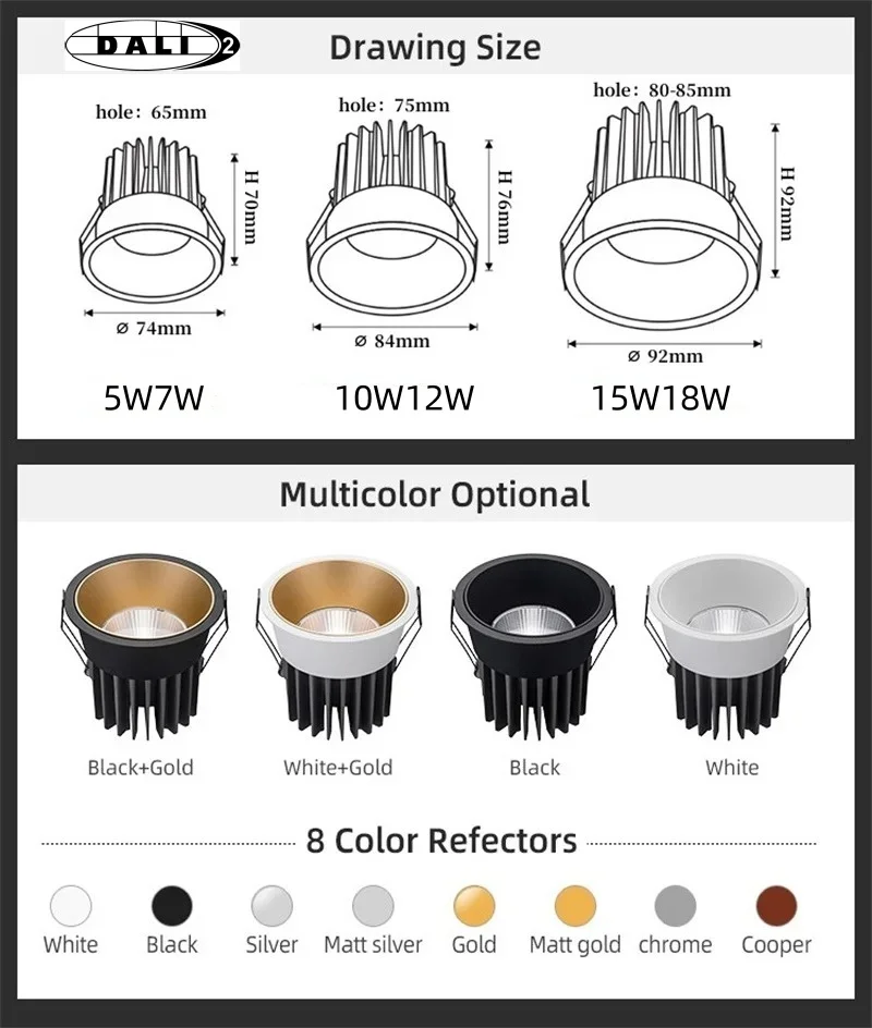 Faretti COB da incasso dimmerabili DALI Faretto da incasso a LED 5W 7W 10W 12W 15W 18W Lampada da soffitto AC220V Illuminazione interna