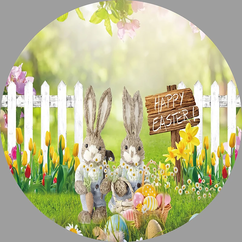 سعيد عيد الفصح غطاء خلفية مستديرة للتصوير الفوتوغرافي الربيع حديقة أرنب زهرة الأرنب الاطفال عيد ميلاد ديكور الطفل صورة خلفية #4