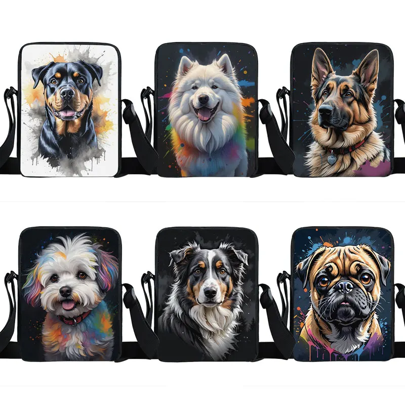 Watercolor Painting German Shepherd Pug Border Collie Chihuahua Dog Pattern Crossbody Bag Women Handbag Messenger Phone Holder