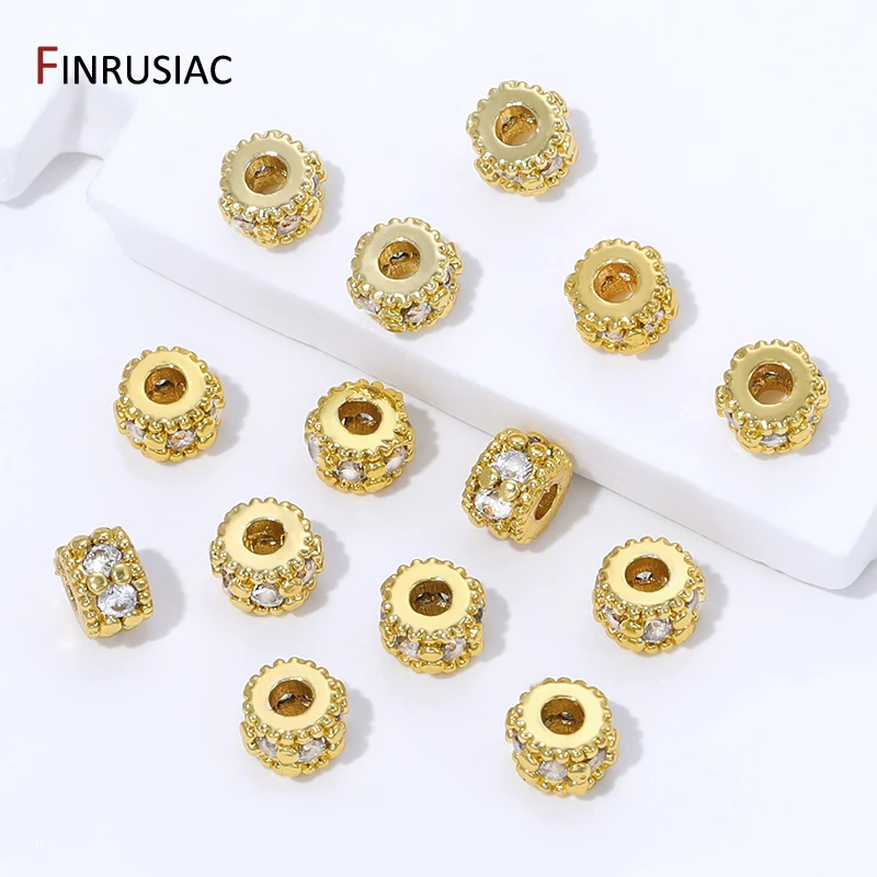 18K Gold Plated Brass Inlaid Zircon Round Spacer Beads for Jewelry,Separator Bead for DIY Necklace Bracelet Making Accessories