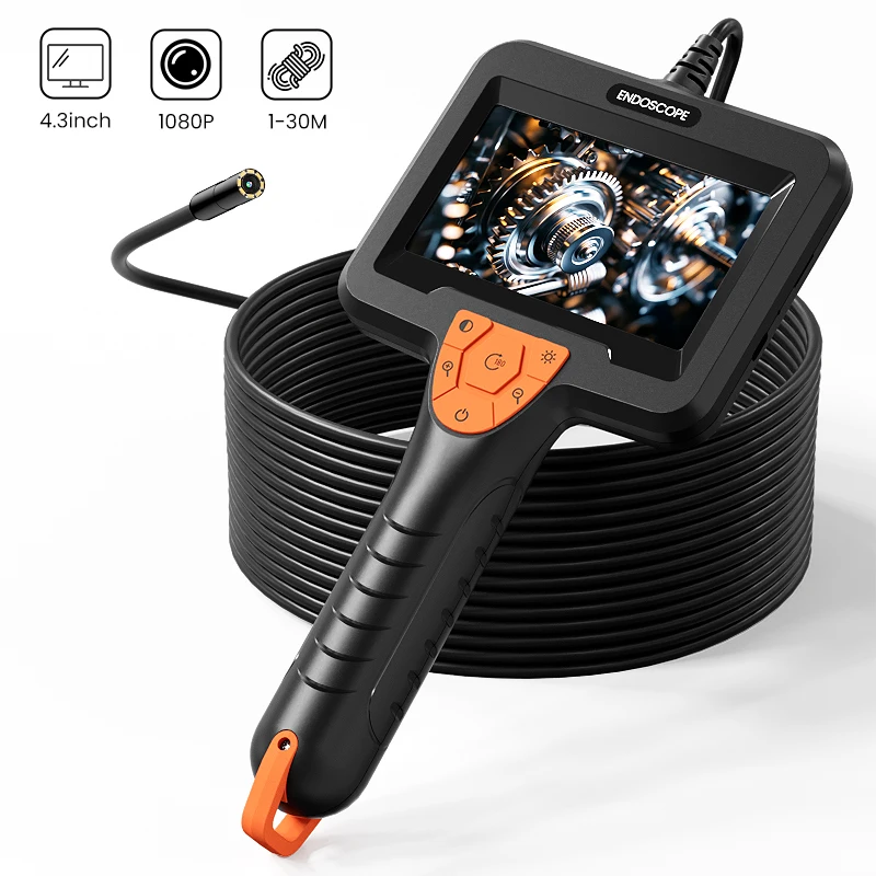 Handheld Industrial Endoscope 4.3'' IPS Screen Car Inspection Borescope 8MM Probe 8LEDs 1M-30M Cable Waterproof Plumbing Camera