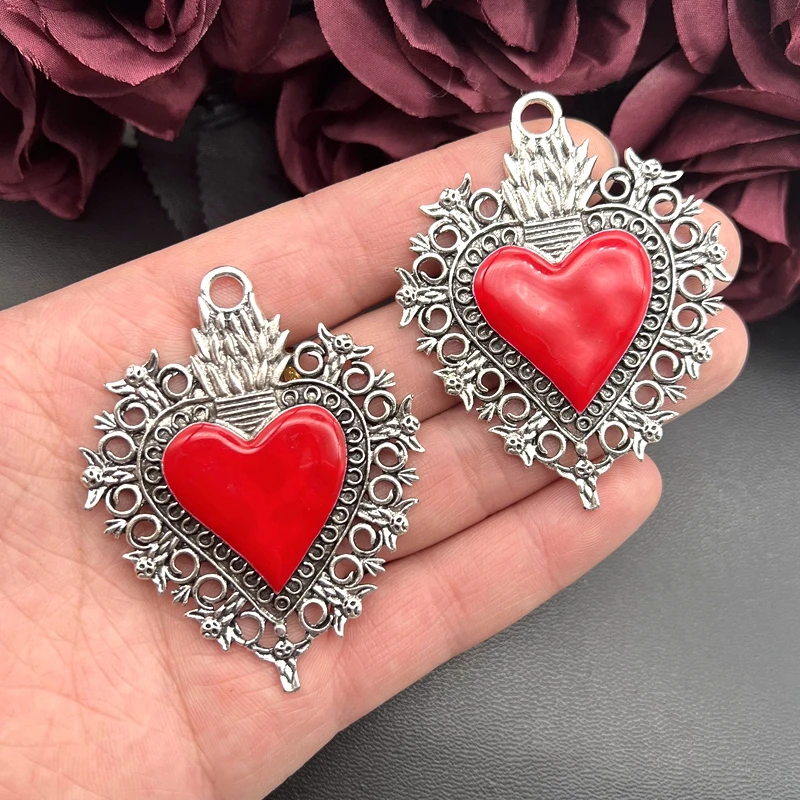 1pcs 67*54mm Large Boho Filigree Heart Matt Charms Pendants for DIY Necklace Jewelry Making Accessories Enameled Sacred Heart